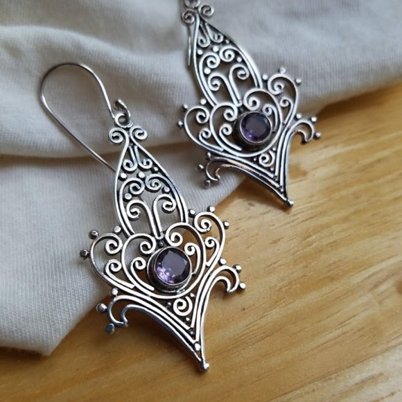 NEW Amethyst & Sterling Silver Filigree Boho Earrings Handmade Dangle Statement - Picture 1 of 7